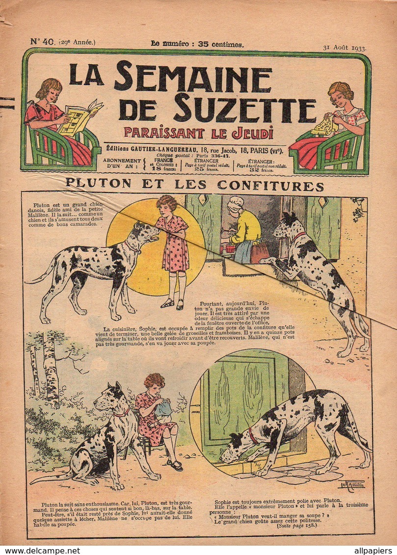 La Semaine De Suzette N°40 Pluton Et Les Confitures - Les Aventures De Mistenflute - Les Tartes Aux Mirabelles De 1933 - La Semaine De Suzette
