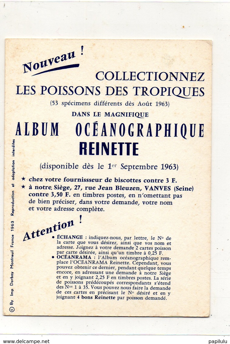 VIEUX PAPIERS 12 : Image Poisson Des Tropiques 52 : Lutjanus Gibbus  :  Pub Biscotte Reinette Vannes - Autres & Non Classés