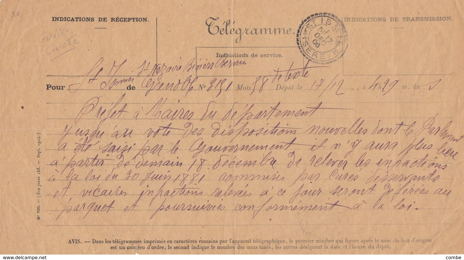 SEPARATION DE L'EGLISE ET DE L'ETAT. 17 DEC 1906. TELEGRAMME. ISERE St ISMIER / 6000 - Unclassified