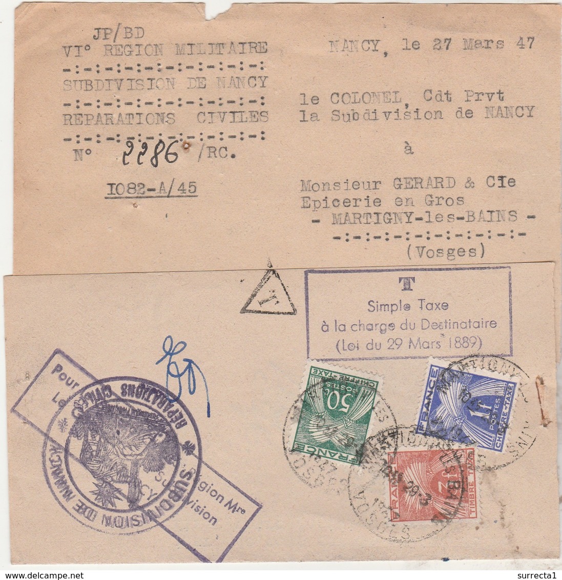 1947 / Réparations Civiles Dégâts Guerre / Courrier Militaire Simple Taxe / Timbres-Taxe Gerbes N° 80, 81, 83 - Autres & Non Classés