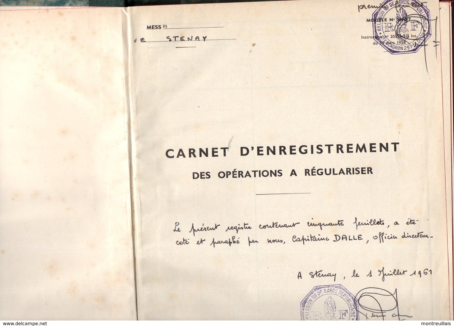 Carnet Vierge Coté Par Capitaine DALLE,  En 1961, D'enregistrement à STENAY, Cercle Mixte Gendarmerie, 3 Cachets,  6ème - Police & Gendarmerie