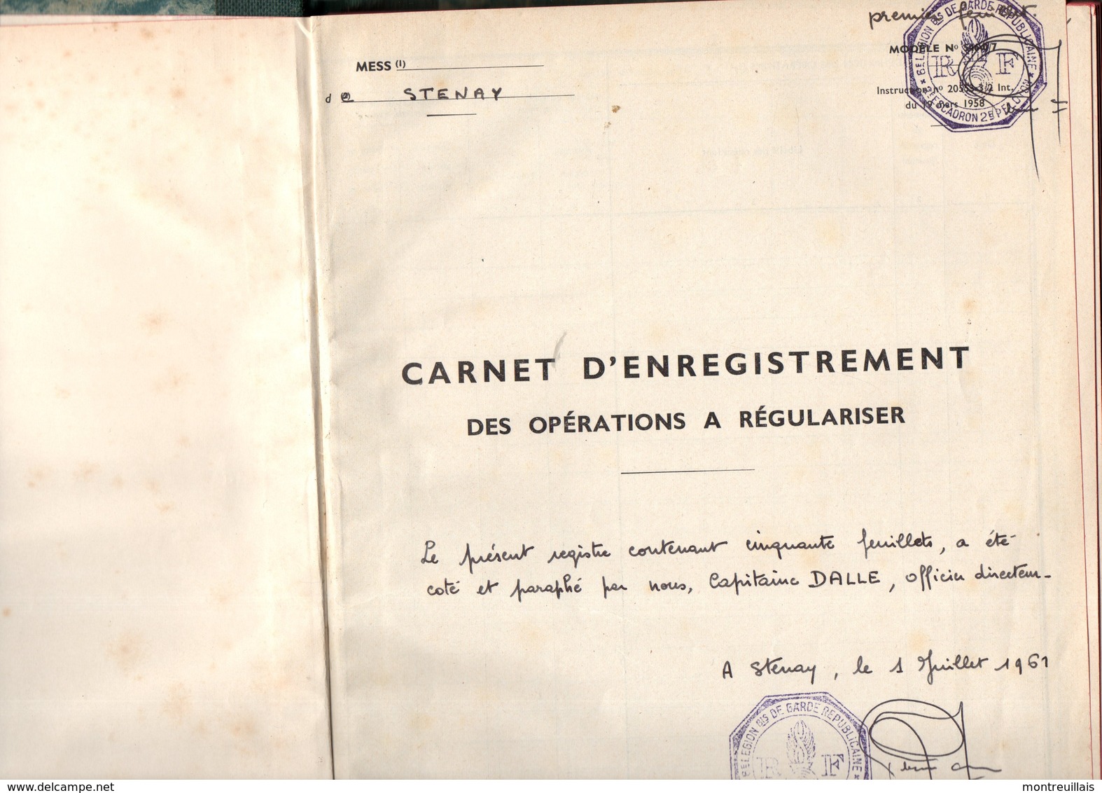 Carnet Vierge Coté Par Capitaine DALLE,  En 1961, D'enregistrement à STENAY, Cercle Mixte Gendarmerie, 3 Cachets,  6ème - Politie & Rijkswacht