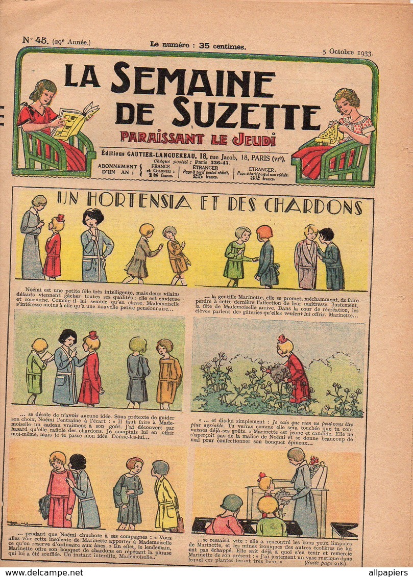 La Semaine De Suzette N°45 Un Hortensia Et Des Chardons - Sylvette Et Son Parrain - L'histoire Du Bilboquet De 1933 - La Semaine De Suzette