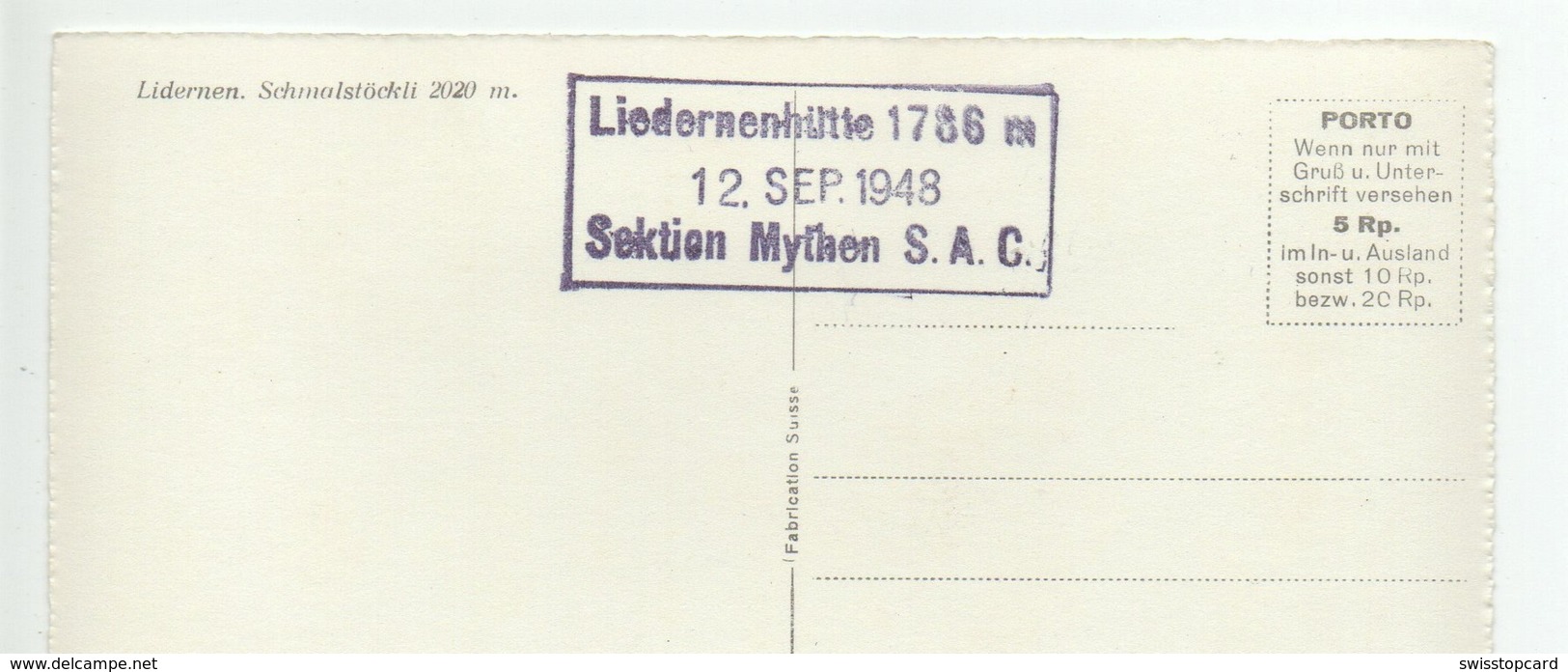 RIEMENSTALDEN Lidernen Schmalstöckli 2020m Stempel Liedernenhütte 12. Sept. 1948 Sektion Mythen S.A.C. - Riemenstalden