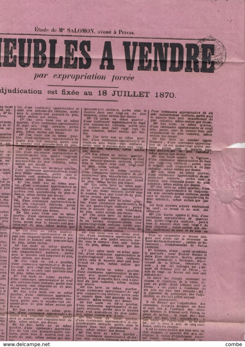 3 AOUT 1870. SUR 1/2 AFFICHE DE VENTE. SALOMON AVOUÉ A PRIVAS POUR ANTRAIGUES ARDECHE. LAURÉ N° 28 ET 29 - 1849-1876: Période Classique