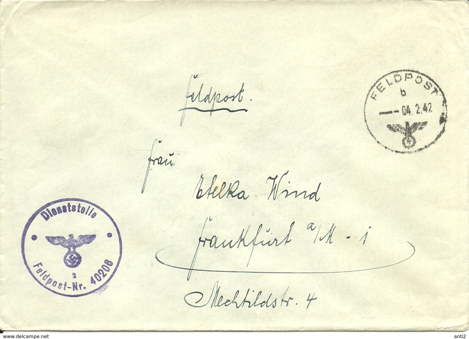 Germany 1942 Feldpostbrief  Cancelled 4.2.42 And Lila Cancellation Feldpost Nr 40206 - Lettres & Documents