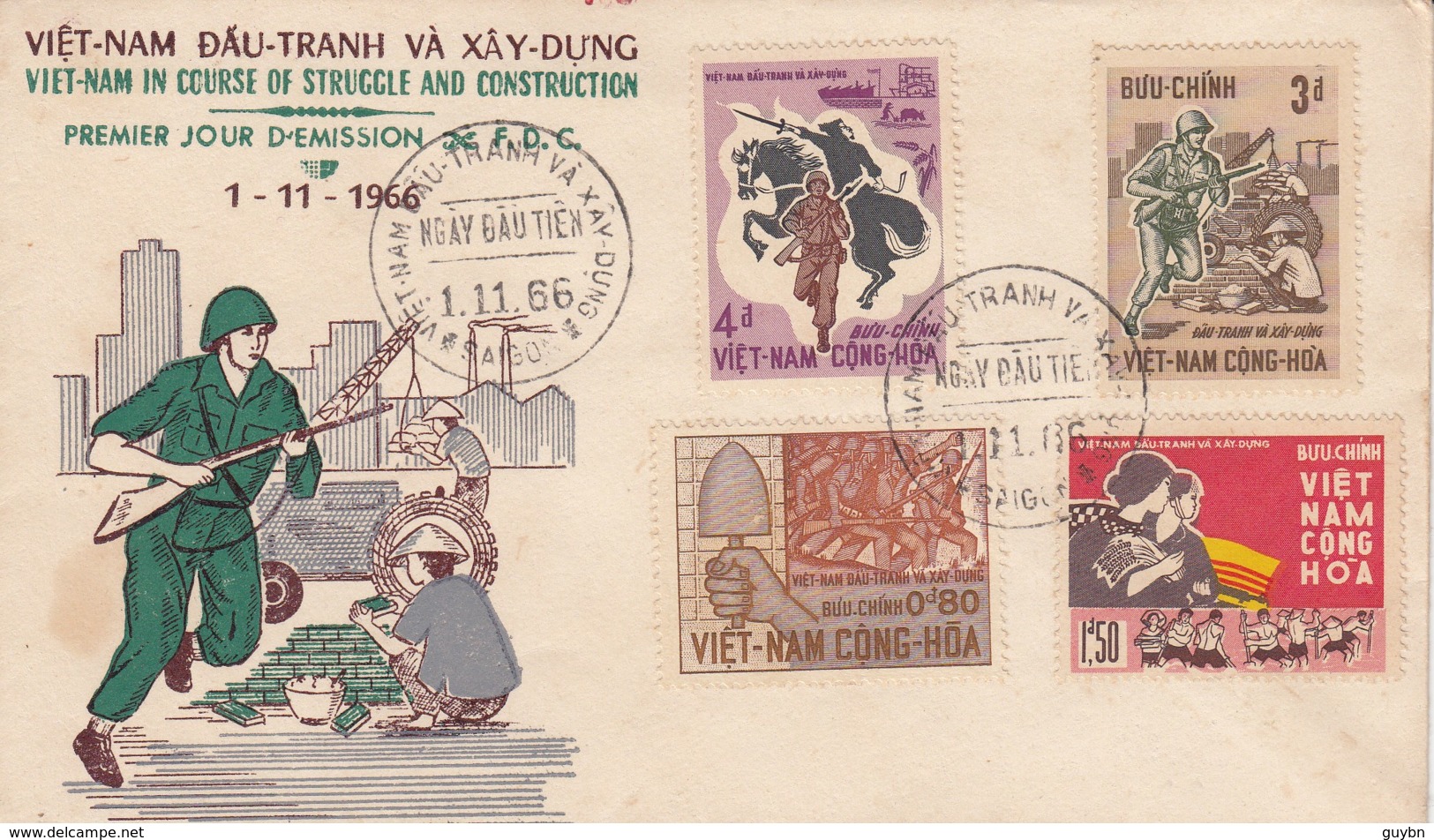 Vietnam YT297 / 300 Anniversaire Revolution Lutte Et Construction 1/11/66 .. Cavalier, Soldat, Truelle, Outil Maçon, - Vietnam