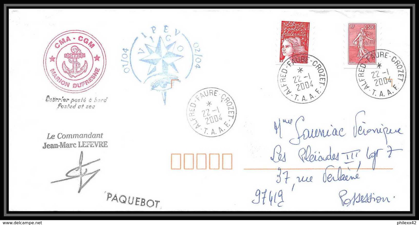 2427 Dufresne 2 Signé Signed PAQUEBOT 22/1/2004 IPEV VIGO ANTARCTIC Terres Australes (taaf) Lettre Cover - Poste Maritime