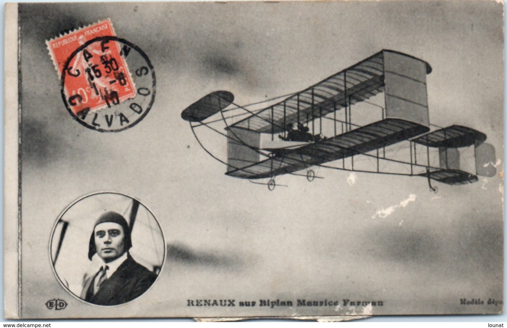 Aviation 1910 - Timbre Grande Semaine D'aviation - Aviateur RENAUX Sur BIPLAN Maurice Farman - Caen -cerisy La Foret - Aviatori