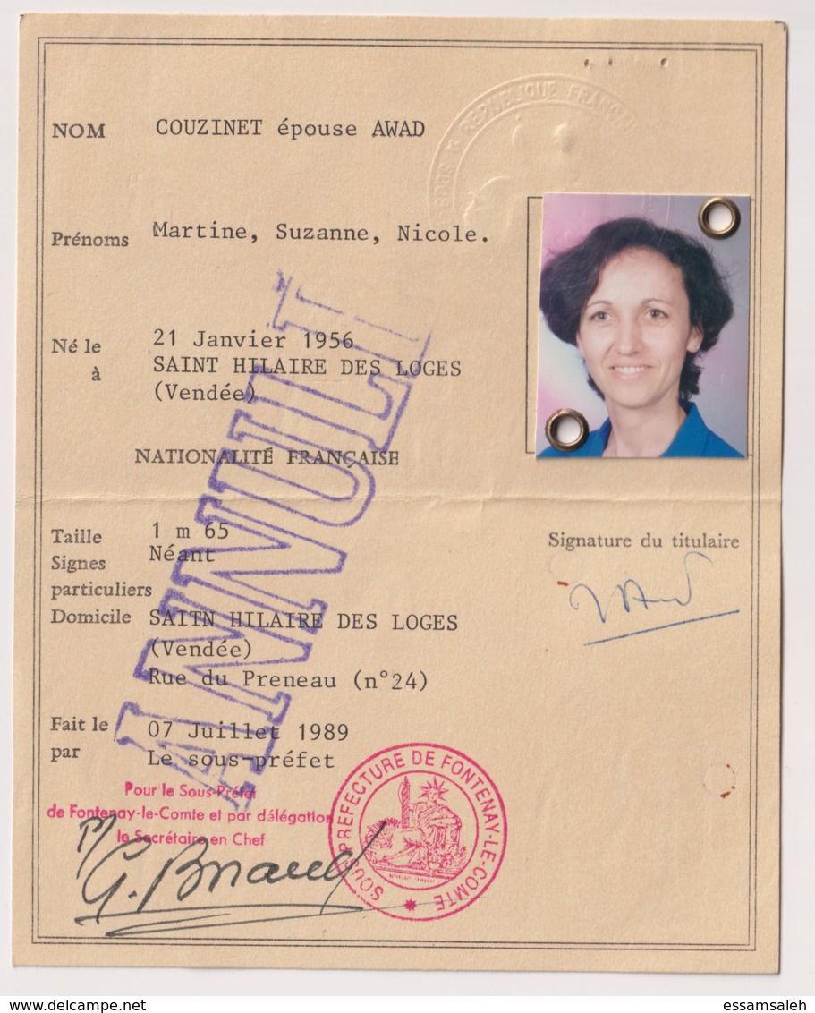 FRD18021 France 1989 Egypt Alexandria Consulat / National ID Card / Carte With Revenue Stamps - Historical Documents