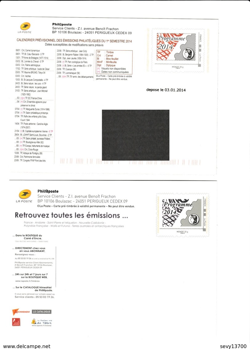 Carte Entier Postal Monde 20g Votre Programme Philatélique 2014 - 1 Er Semestre 2014 Et  2 ème Neuf - Prêts-à-poster: Other (1995-...)