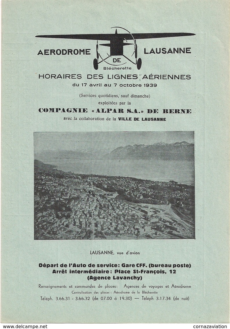 Aviation - Horaires Des Lignes Aériennes - Lausanne-Blécherette - 1939 - Orari