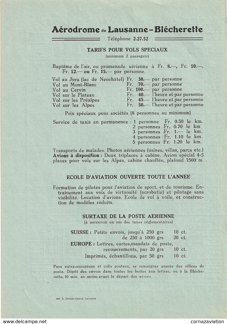 Aviation - Horaires Des Lignes Aériennes - Lausanne-Blécherette - 1939 - Horarios