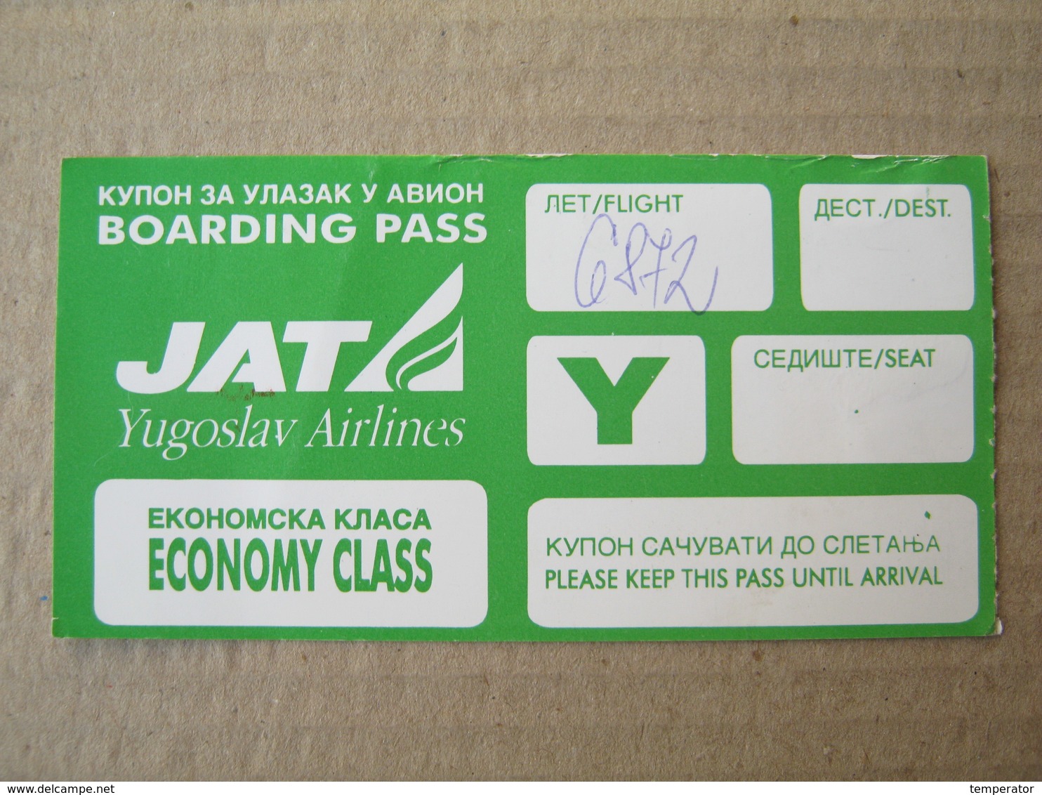 JAT ( Yugoslav Airlines ) / BOARDING PASS - ECONOMY CLASS - Bordkarten