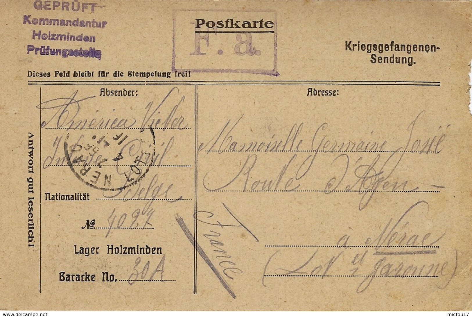 1916- Formulaire Allemand De Réception D'un Paquet, Envoyé Par Un " Interné Civil " Belge Du " Lager Holzminden - Prisonniers