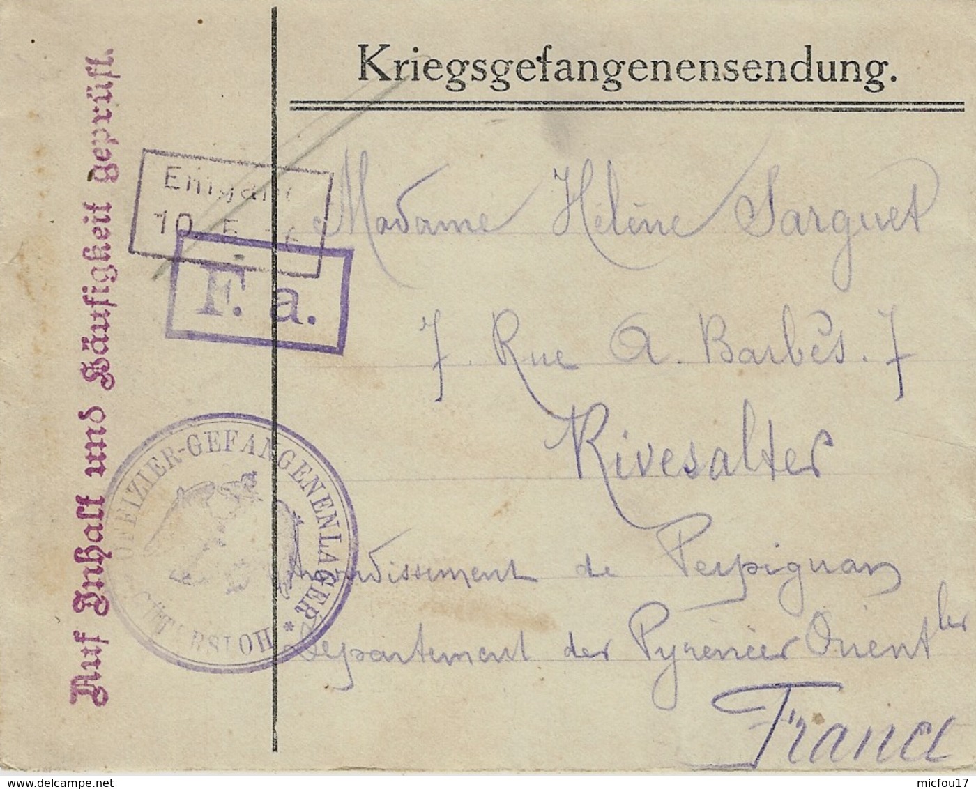 1916- WWI- Cover From A French P G At " Offizier-Kriegsgefangenenlager Gütersloh " - Covers & Documents