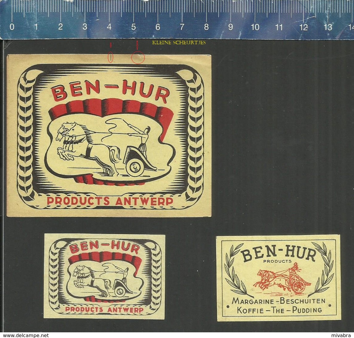 BEN-HUR PRODUCTS ANTWERP MARGARINE BESCHUITEN KOFFIE THE PUDDING (STRIJDWAGEN CHARIOT CHAR)  (matchbox Labels Belgium) - Boites D'allumettes - Etiquettes