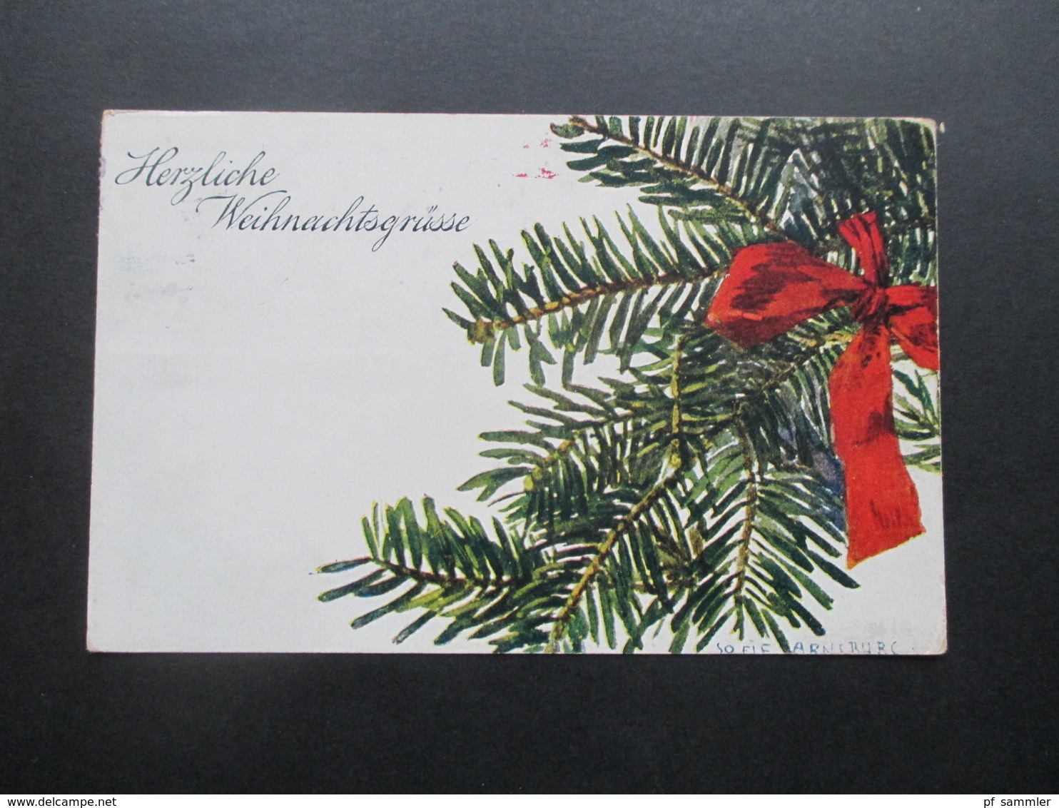 Österreich 1920 Künstlerkarte Weihnachtskarte Von Sofie Arnsburg Tannenzweig Mit Schleife / Herzliche Weihnachtsgrüsse - Cartas & Documentos