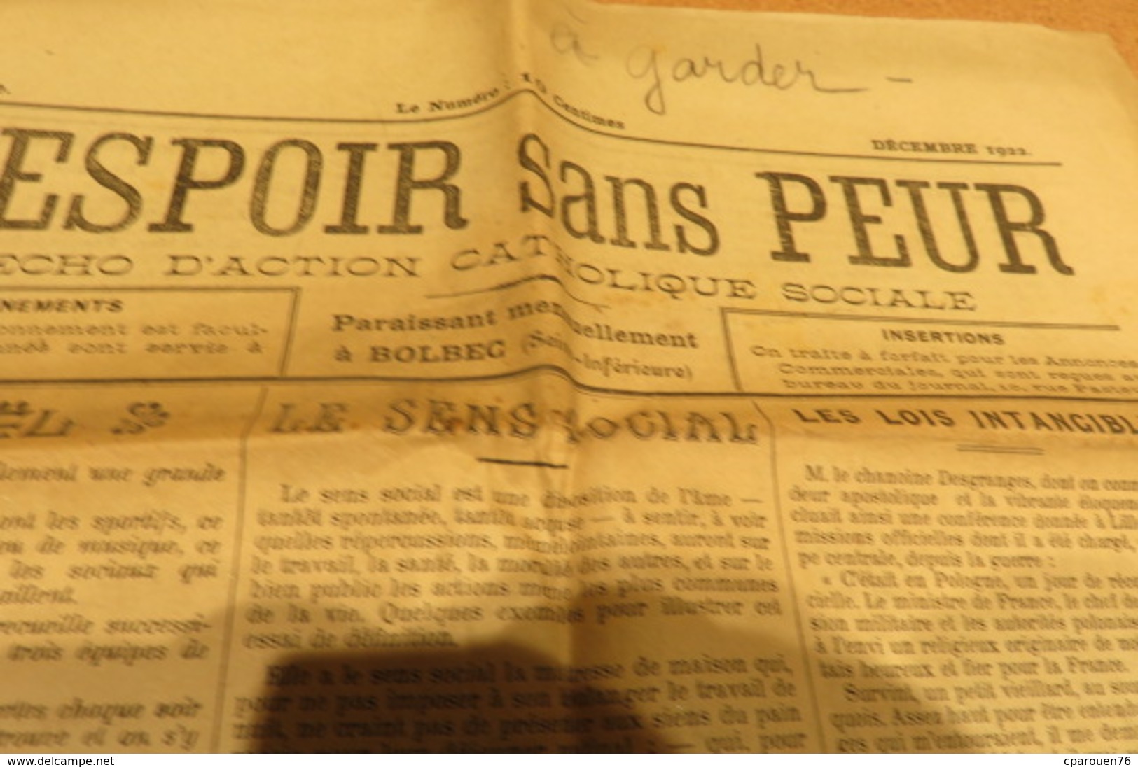 Journal Déc 1922 1 ère Année L'Espoir Sans Peur écho D'action Catholique Sociale  De Bolbec 76 Normandie Chrétienne - Altri & Non Classificati