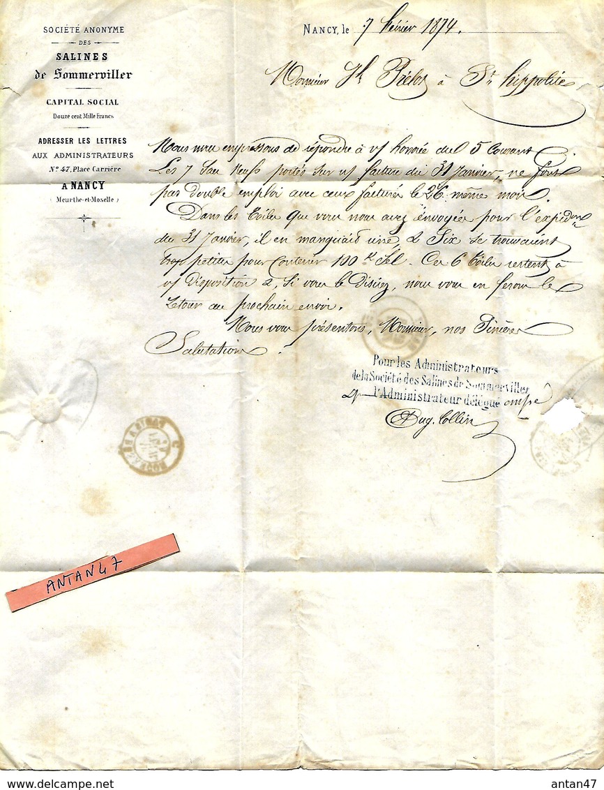 Lettre 1874 / 54 NANCY Salines De Sommerville à J Prelot 25 SAINT HYPPOLITE, Commande Non Conforme - 1800 – 1899