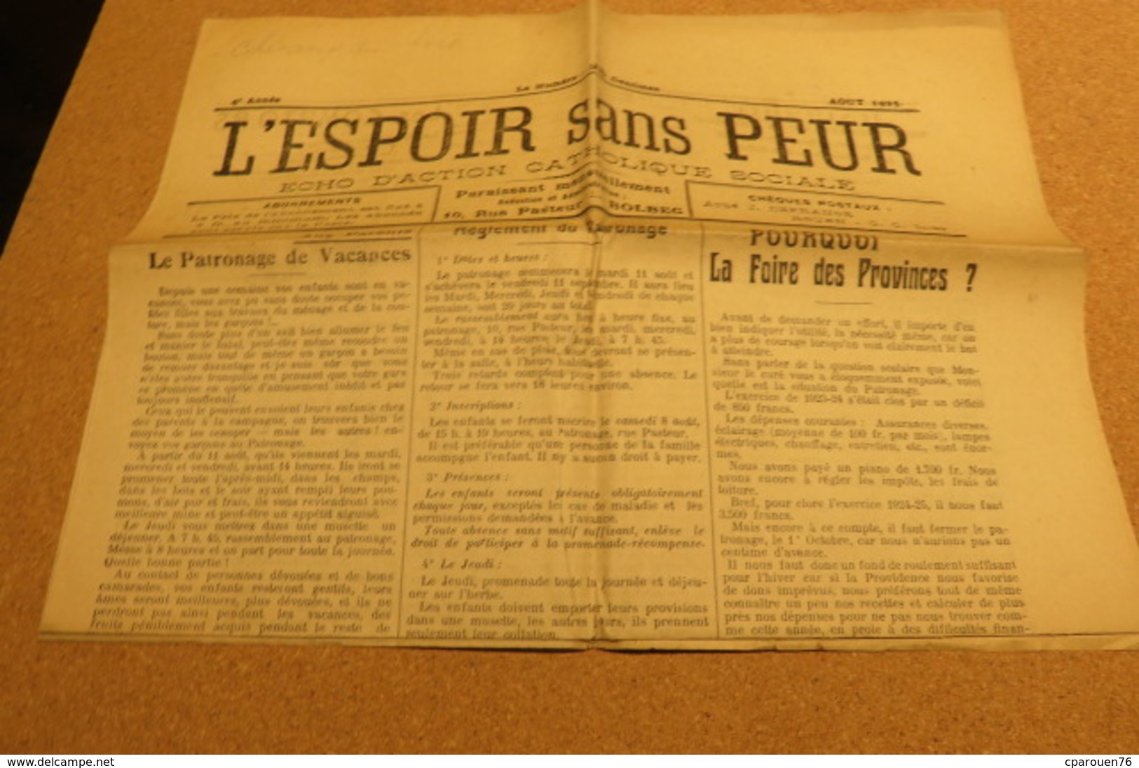 Journal Aout 25 5 ème  Année L'Espoir Sans Peur écho D'action Catholique Sociale  De Bolbec 76 Normandie Chrétienne - Autres & Non Classés