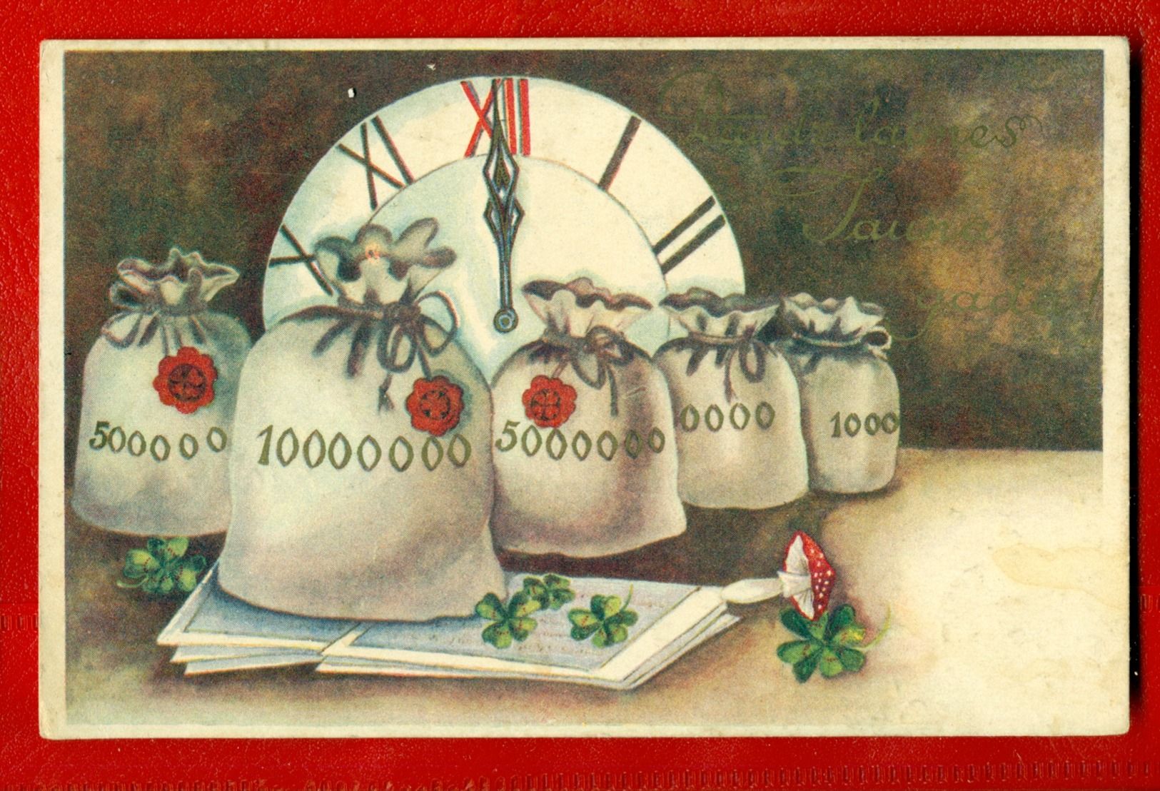 LATVIA LETTLAND HAPPY NEW YEAR Money Bag AND MUSHROOM VINTAGE POSTCARD USED 2125 - Other & Unclassified