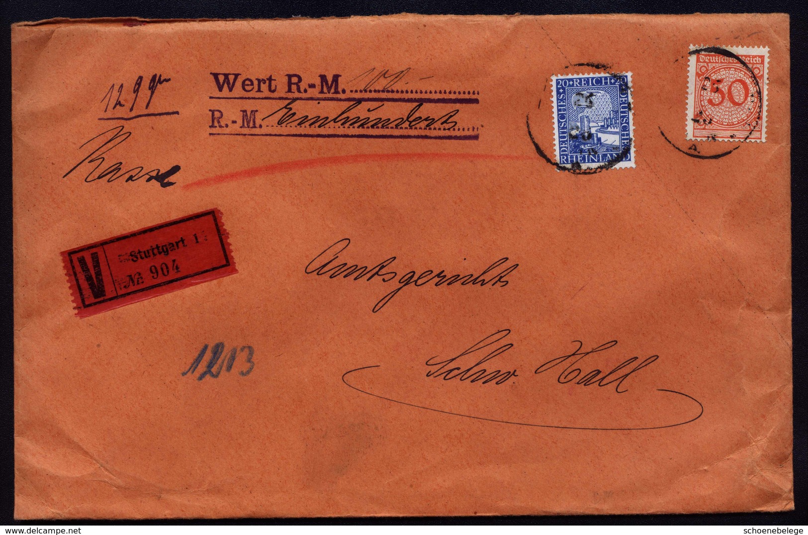 A6460) DR Bank-Wertbrief Stuttgart 1925 N. Schwäbisch Hall - Briefe U. Dokumente