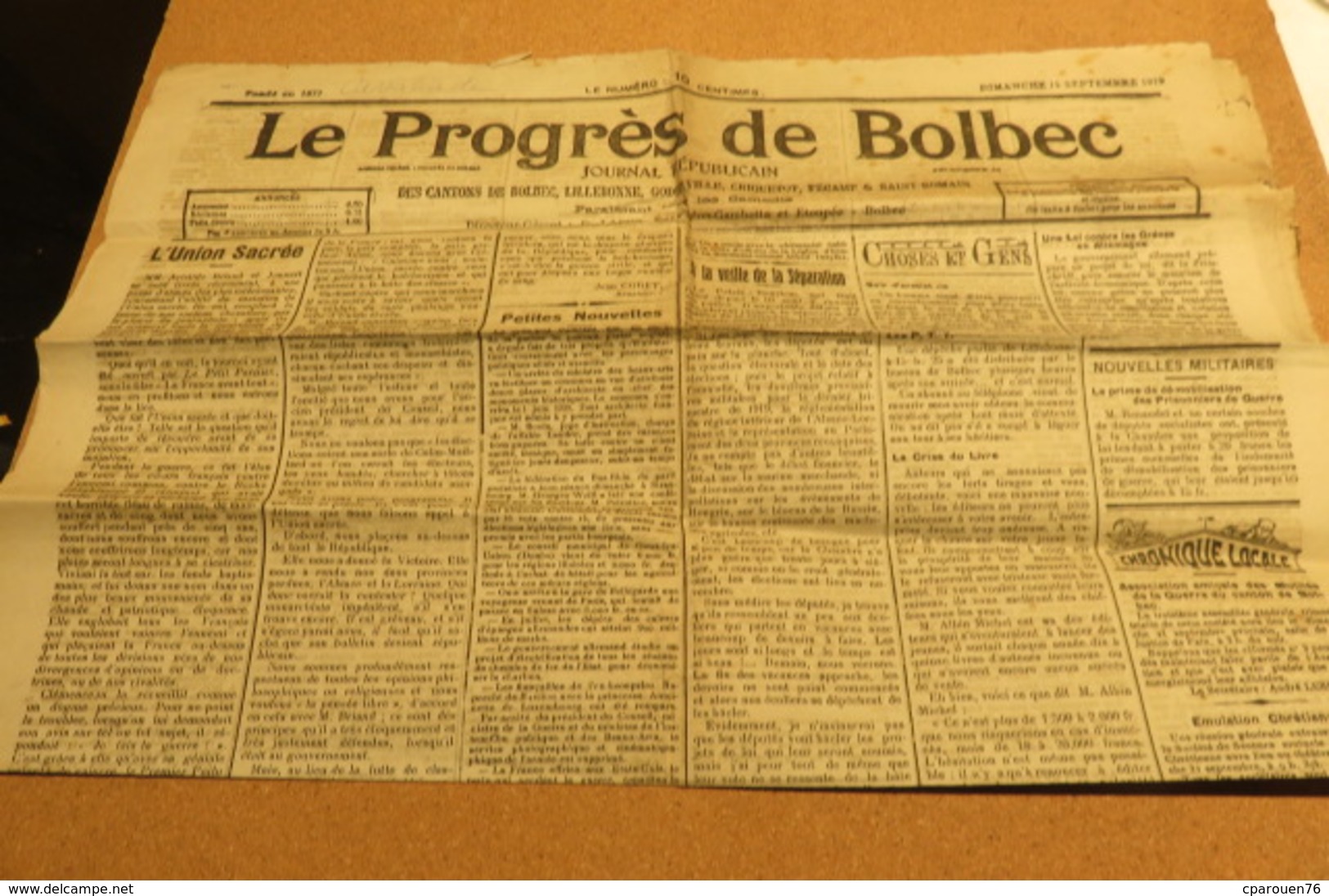 Journal Le Progrès De Bolbec 14 Sept 1919 Nouvelles Locales Lillebonne Normandie 76 - Autres & Non Classés