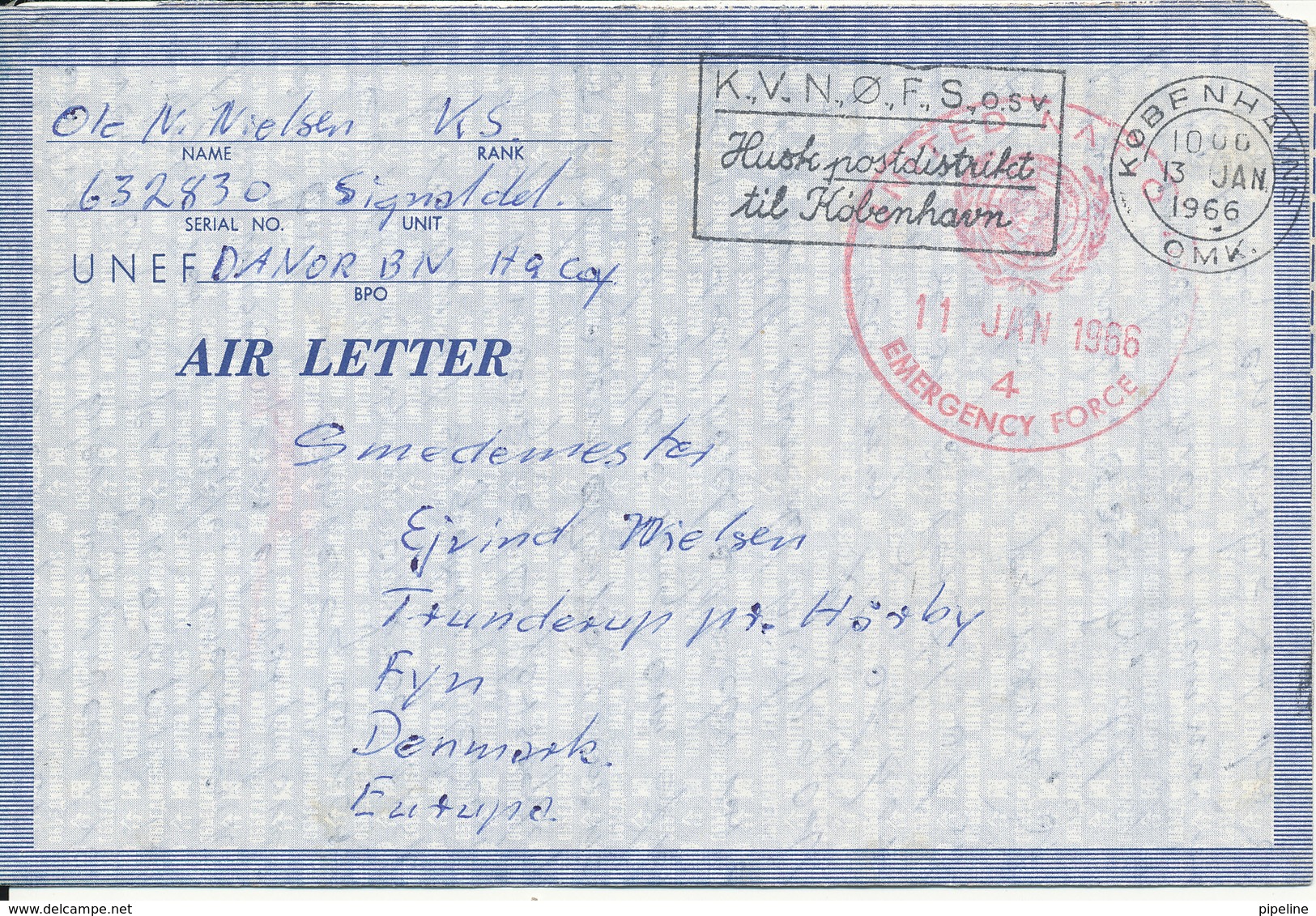 Denmark Air Letter United Nations Emergency Force 11-1-1966 UNEF DANOR BN HG Coy Gaza/Egypt - Lettres & Documents