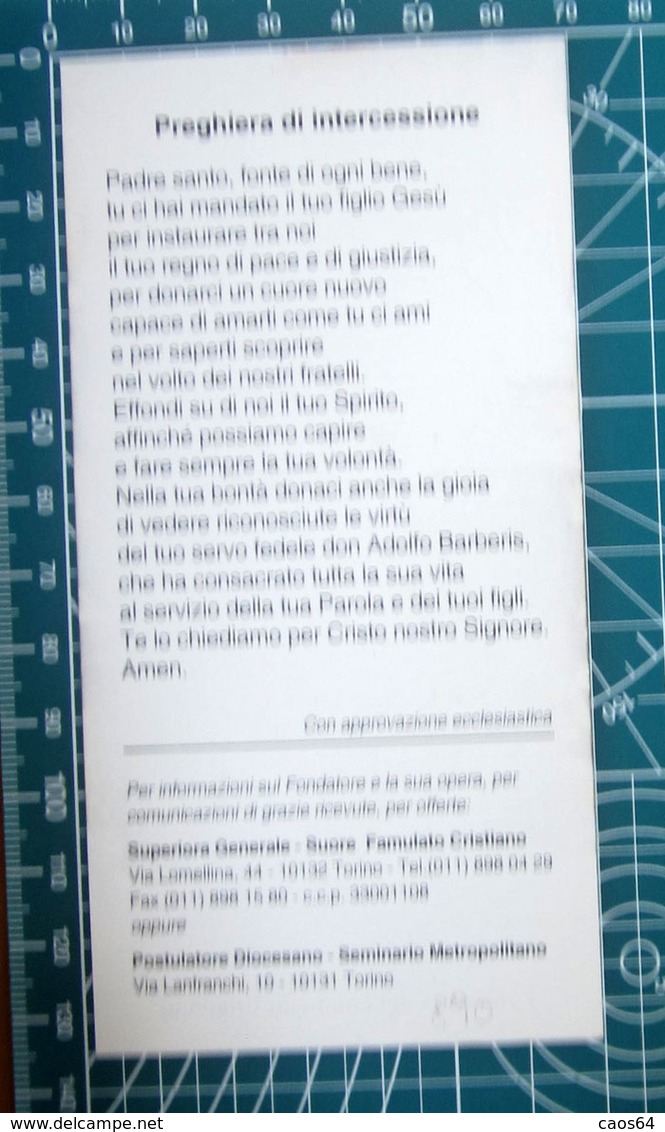 Servo Di Dio Monsignor ADOLFO BARBERIS SANTINO Preghiera Di Intercessione - Devotion Images