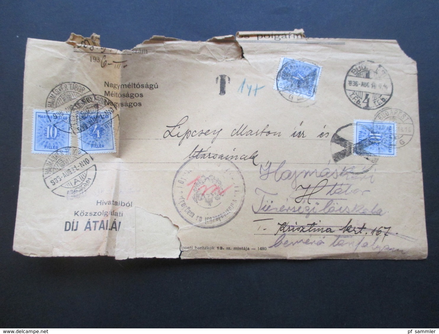 Ungarn 1936 Beleg Mit 4 Nachporto Marken Budapest / Hajmasker Tabor Und X Stempel Nachgebühr! - Port Dû (Taxe)