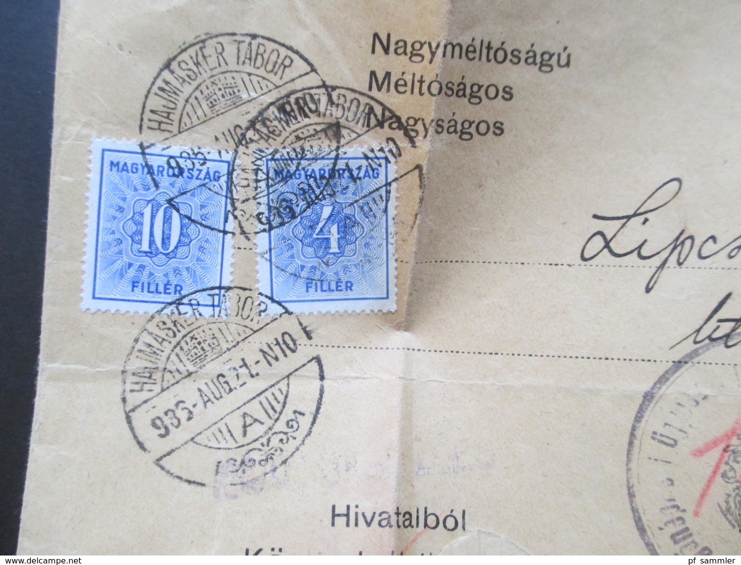 Ungarn 1936 Beleg Mit 4 Nachporto Marken Budapest / Hajmasker Tabor Und X Stempel Nachgebühr! - Port Dû (Taxe)