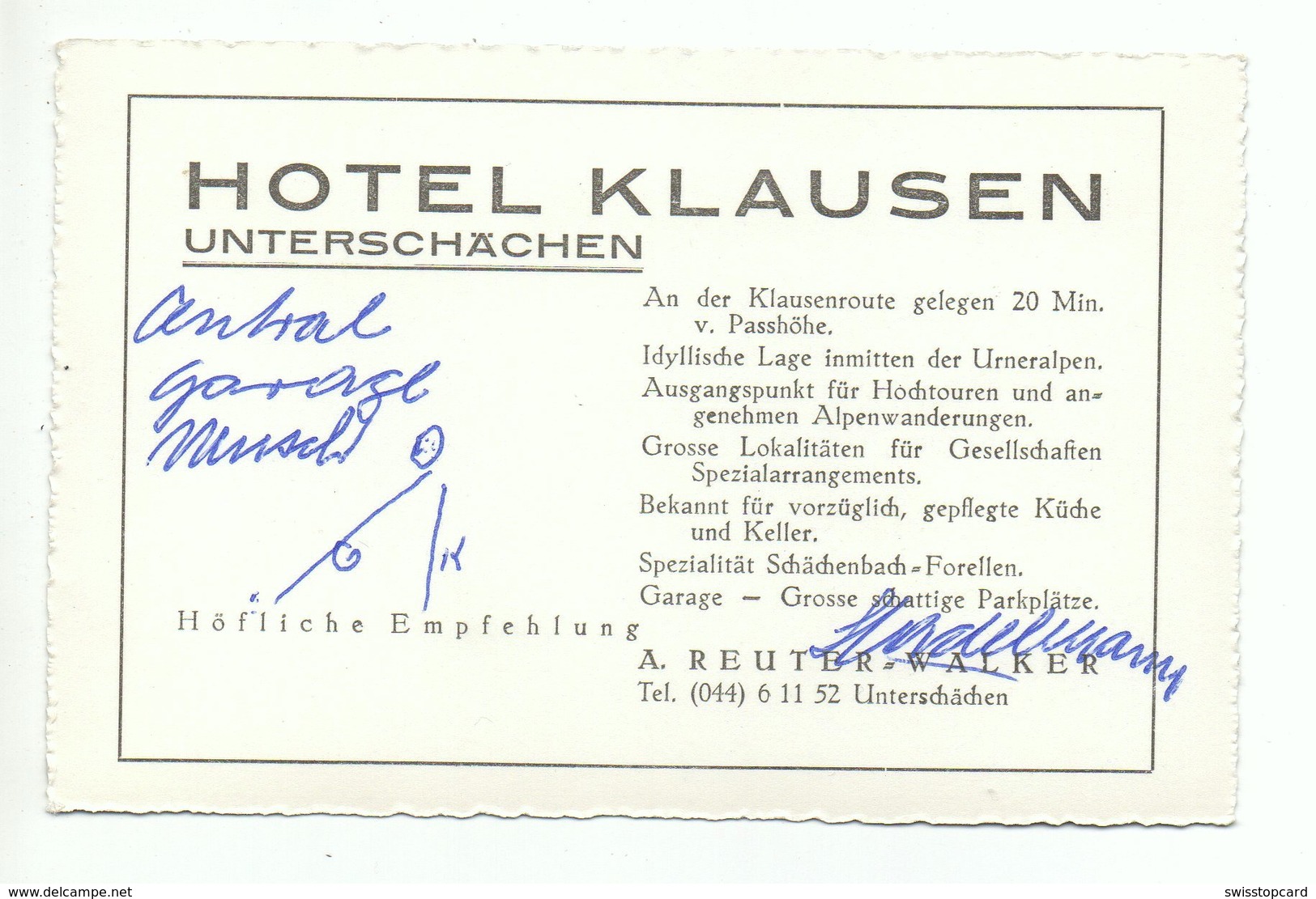 UNTERSCHÄCHEN Werbung Hotel Klausen A. Reuter-Walker - Unterschächen