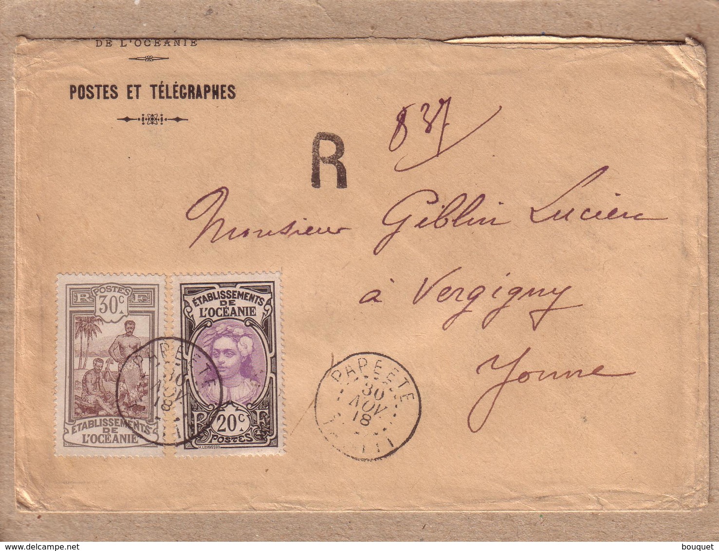 POLYNESIE FRANCAISE , TAHITI , YONNE - LETTRE ETS FRANCAIS DE L' OCEANIE DE PAPEETE POUR VERGIGNY , RECOMMANDE - 1918 - Tahiti