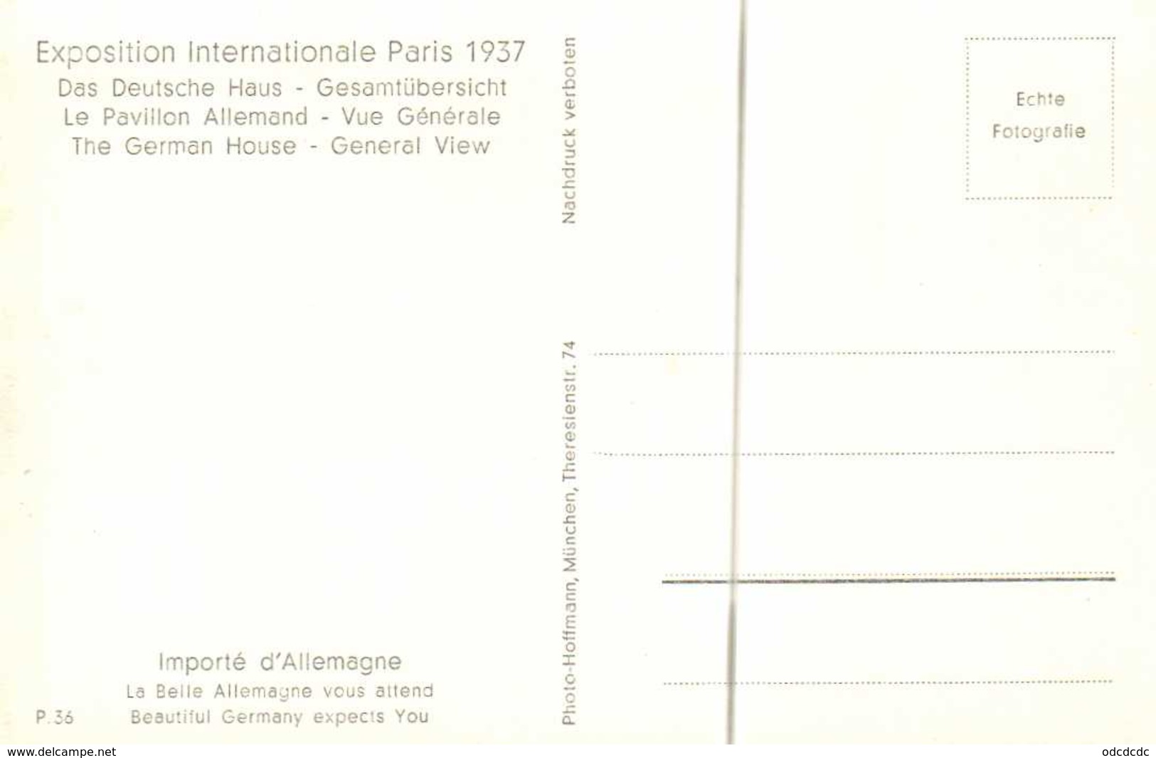 Exposition Internationale PARIS 1937 Le Pavillon Allemand Vue Generale   RV - Other & Unclassified