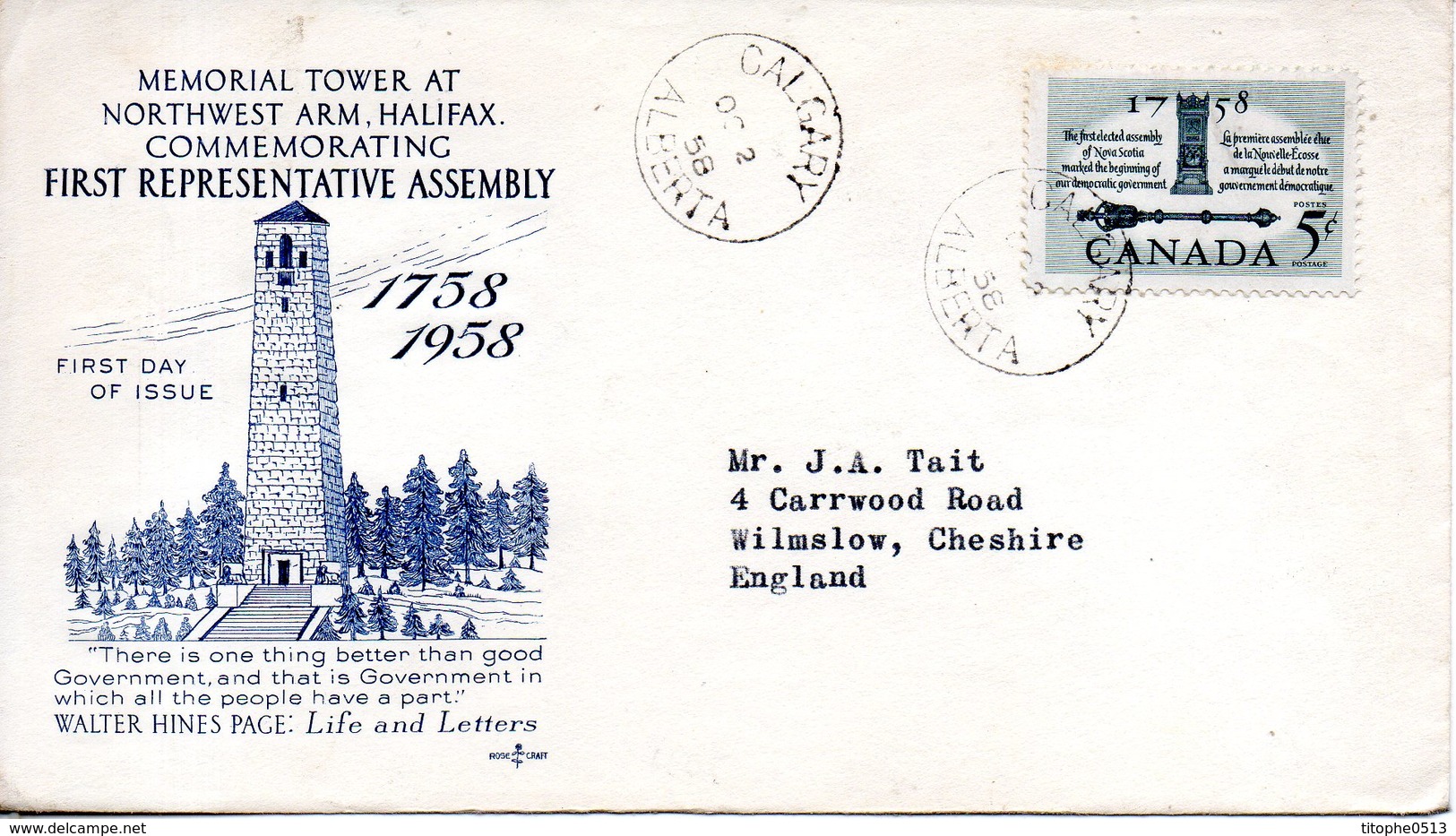 CANADA. N°309 Sur Enveloppe 1er Jour (FDC) De 1958 Ayant Circulé. Assemblée élue De La Nouvelle-Ecosse. - 1952-1960