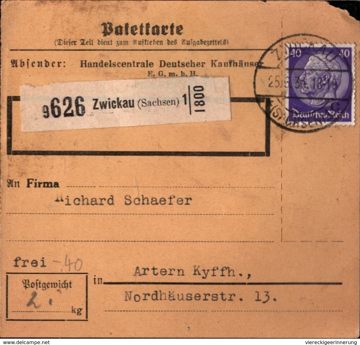 ! 1934 Paketkarte Deutsches Reich, Zwickau Nach Artern - Briefe U. Dokumente