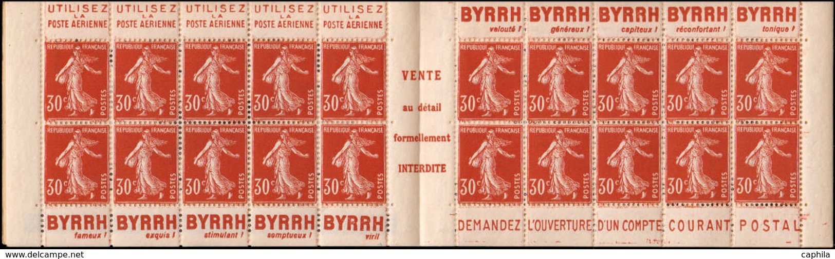 FRANCE Carnets ** 360-C1, Série 21: 30c. Brun- Rouge Semeuse, Poste Aérienne-Byrrh-Byrrh-CCP DULCREM, ÉCOLE UNIVERSELLE - Other & Unclassified