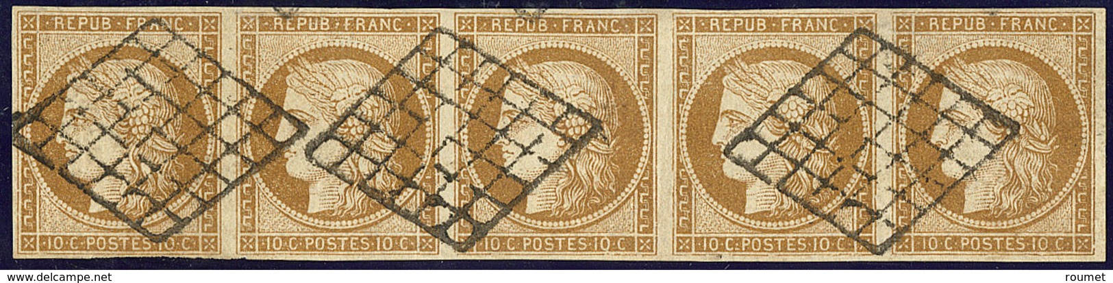 No 1a, Bande De Cinq Obl Grille, Remargée En Haut Mais TB D'aspect - 1849-1850 Ceres