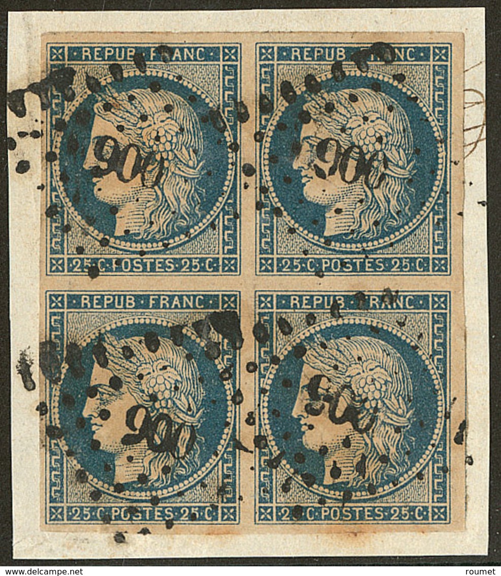 No 4d, Bleu Sur Jaune, Bloc De Quatre, Obl Pc 900, Sur Petit Fragment. - TB (N°et Cote Maury) - 1849-1850 Ceres