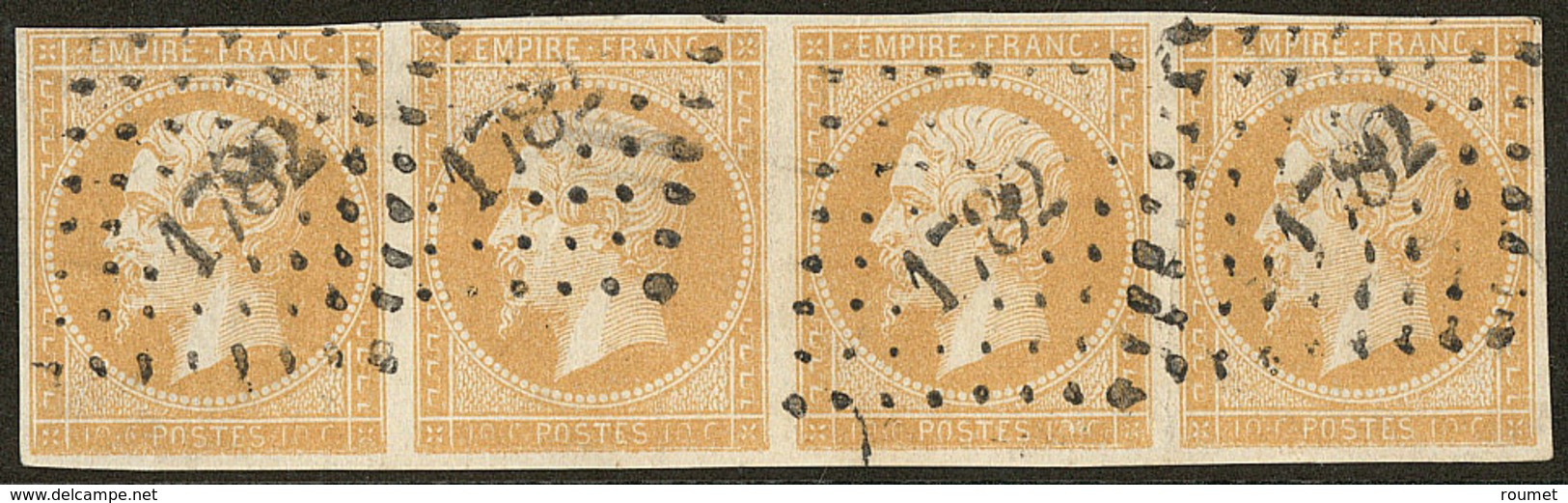 No 13Aa, Jaune Citron, Bande De Quatre Obl Pc 1782. - TB - 1853-1860 Napoléon III.