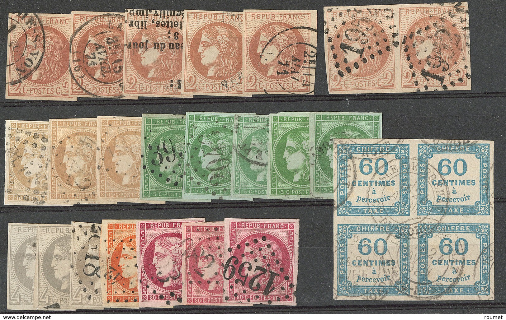 Lot. 1870-1871, Nuances Et Obl Diverses, + Taxe 9 Bloc De Quatre Obl (un Ex Trou). - TB - 1870 Bordeaux Printing