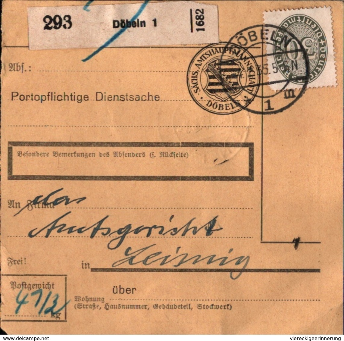 ! 1935 Paketkarte Deutsches Reich, Döbeln Nach Leisnig, Dienstmarke - Briefe U. Dokumente
