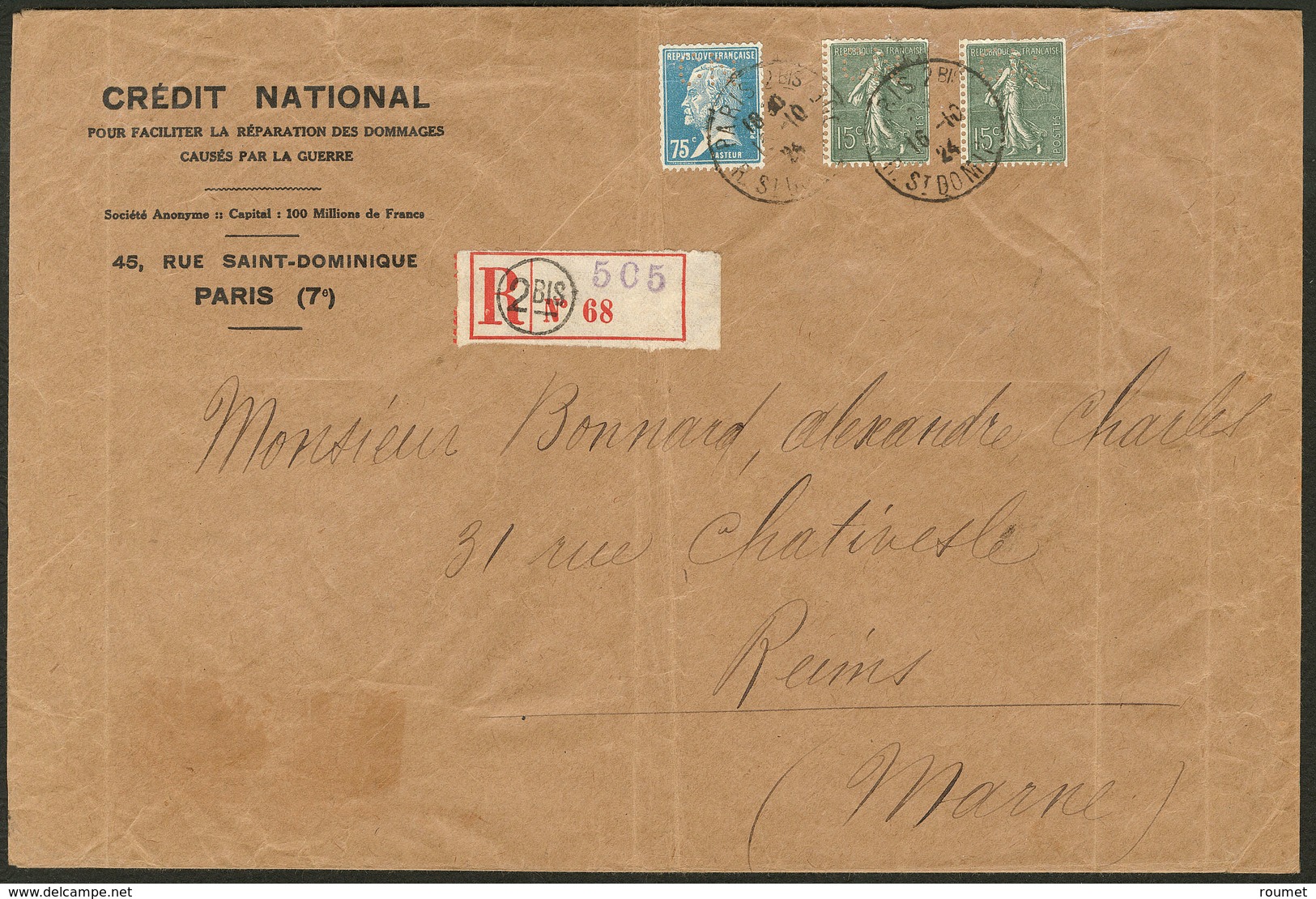 Lettre Semeuse Lignée Type VI. Perforés. Nos 130f (2) + 177 De Roulette, Perforés "CN" Sur Enveloppe Commerciale "Crédit - Autres & Non Classés