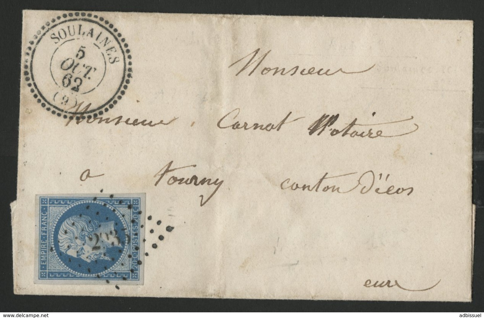 1862 AUBE N° 14B Obl. Pc "2935" + C-à-d Perlé (T22) "SOULAINES (9) 5/10/62" Sur Lettre Pour Tourny - 1849-1876: Période Classique