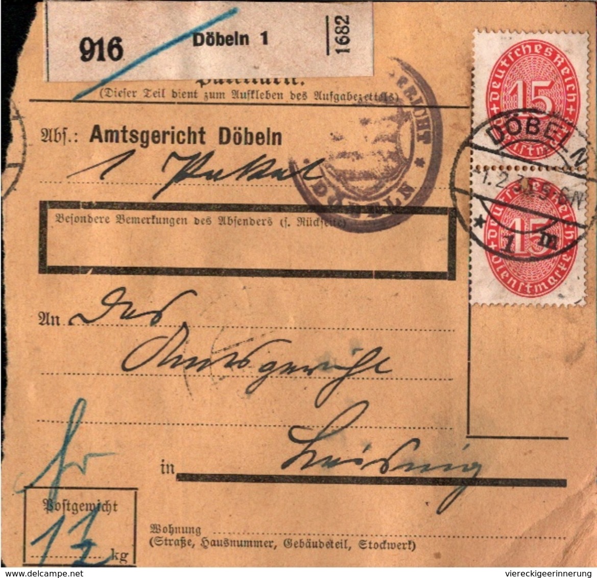 ! 1935 Paketkarte Deutsches Reich, Döbeln Nach Leisnig, Dienstmarke - Storia Postale