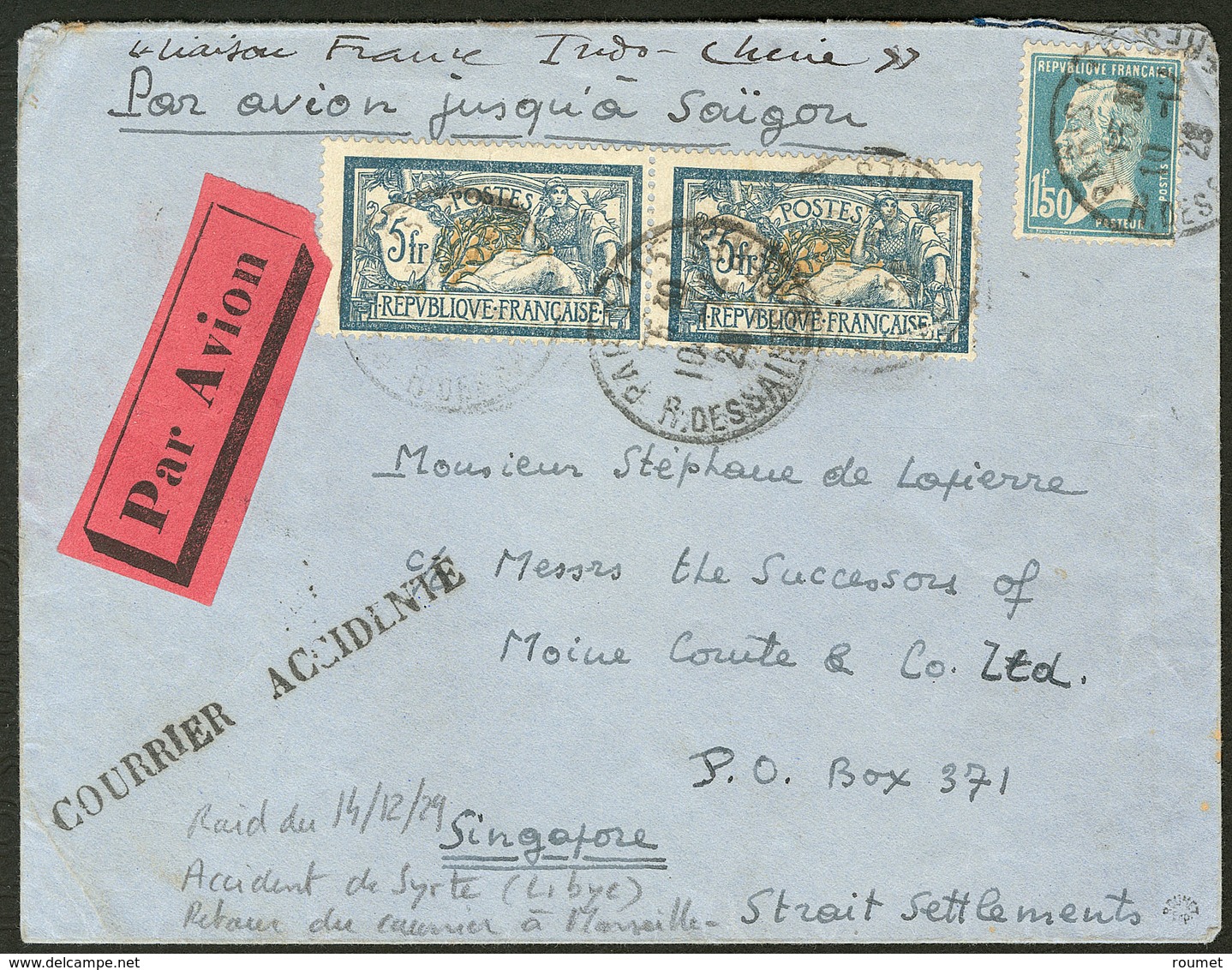 Lettre Aérogrammes. Accidenté 14.12.1929 France-Indochine. Enveloppe Afft 123 Paire + 181, Pour Singapour, Avec Griffe " - Other & Unclassified