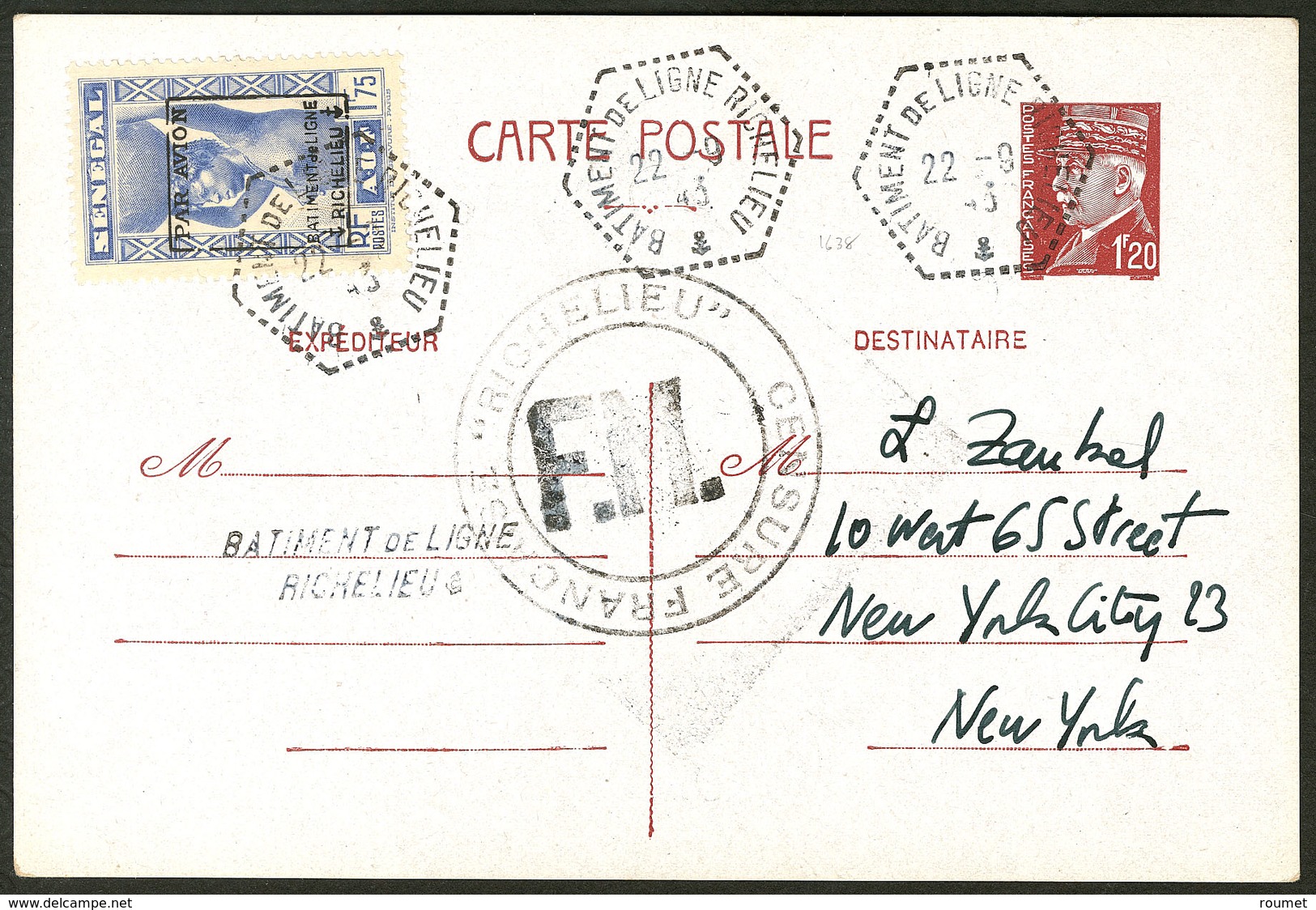 Lettre Richelieu. Sur Sénégal. No 7 Sur CP Entier 1,20f, Obl Cad 22.9.43. - TB - Militärische Luftpost