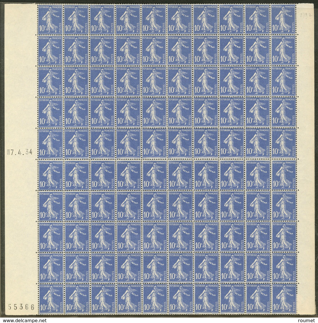 ** No 31, Feuille De Cent Ex N°279a, Bdf Avec Date 7.4.34 Et N°55366 à Gauche. - TB - Coil Stamps