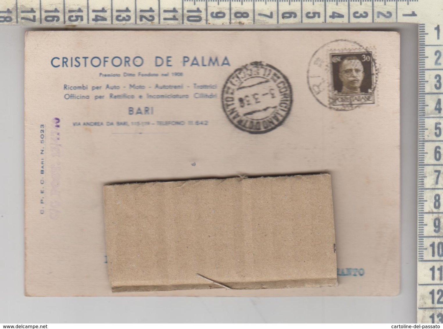 Storia Postale 1938 Bari Cristoforo De Palma Per Corigliano D'otranto - Storia Postale